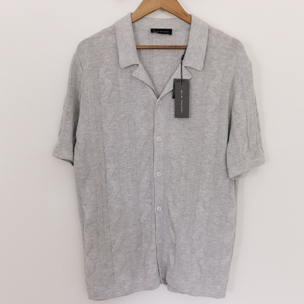 Elie Tahari Mens Grey Heather Cable Knit Button Up Shirt